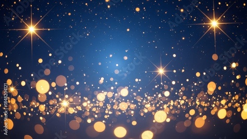 Festive Glittering Bokeh Lights and Stars on Blue