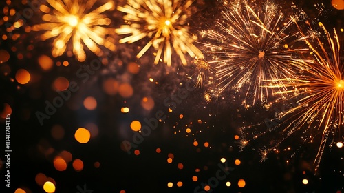 Vibrant Fireworks Display with Golden Sparks and Bokeh Lights at Night