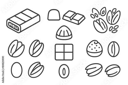 Set of line icons depicting assorted chocolate candies and pistachio nuts
