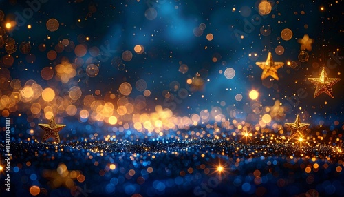 Festive Sparkling Stars and Golden Bokeh on Blue