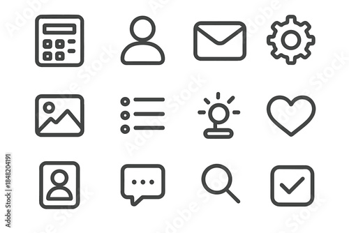 Twelve dark gray outline icons for common user interface application functions