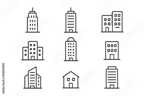 Collection of simple outline icons for various urban and residential buildings