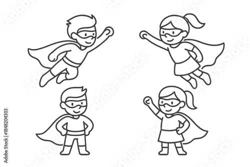 Four young children in superhero costumes flying and standing poses
