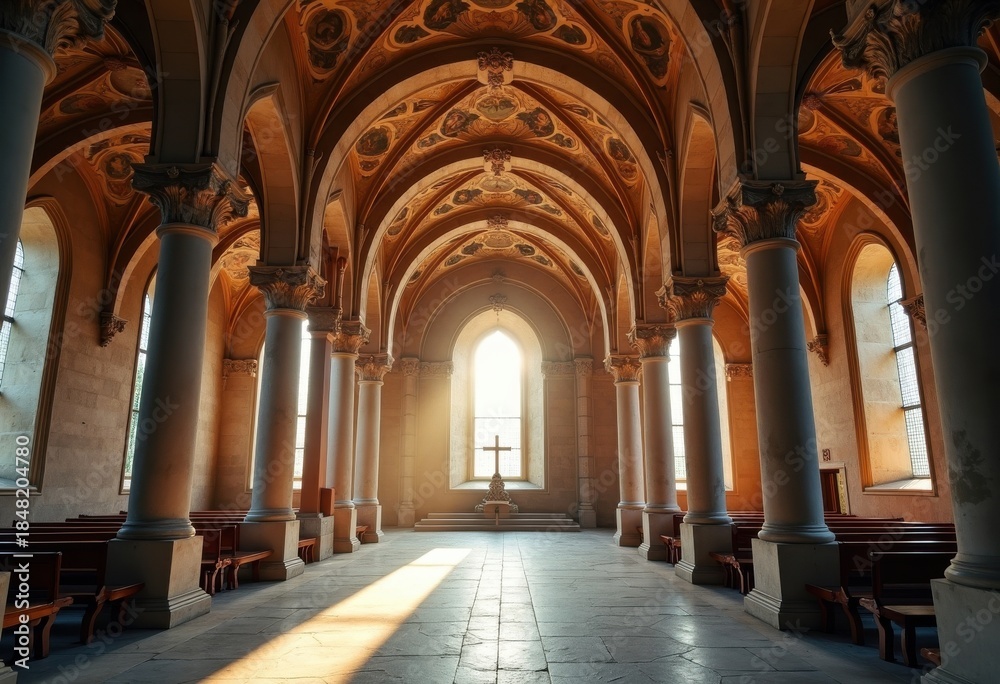 Fototapeta premium Romantic Romanesque Church Masterpiece Arched Ceiling Serene Ruins Stone Details