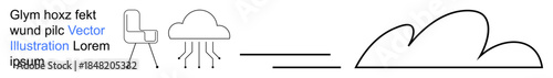 Conceptual art, diagrams, brainstorming, creativity, modern design, technology visuals. A chair, a cloud with lines underneath and a simplified cloud outline. Concept visualization and brainstorming
