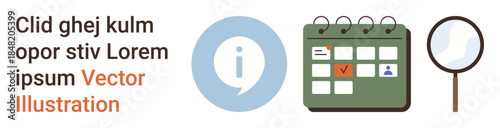 Event planning, scheduling, research, information management, productivity, task organization. Calendar with event marked, information icon magnifying glass. Event planning and scheduling concept