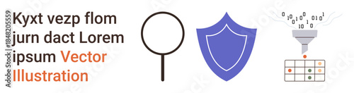 Cybersecurity, data protection, technology analysis, digital processes, data encryption, secure filtering. Magnifying glass, shield and digital data being processed. Cybersecurity and data