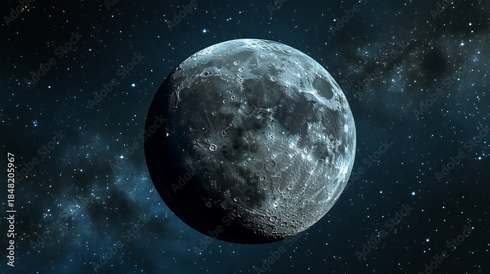 Fototapeta premium Close-up of the Moon in Space with Stars and Nebula Background