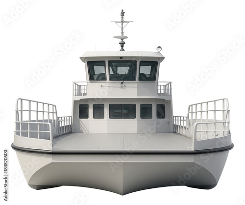 Shallow-draft ferry with a wide beam and flat-bottom hull for coastal use.