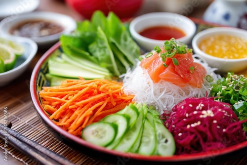 Close up view of yu sheng with shredded raw fish, carrot, cucumber, beetroot, lettuce, and noodles arranged on a round plate with sauces in small bowls nearby