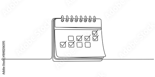 Continuous one line of a calendar with check marks, representing scheduled subscription delivery, hand drawn vector illustration.
