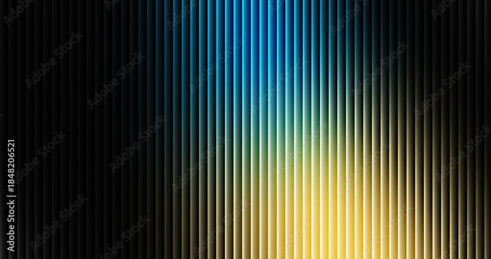 Obraz premium Abstract vertical blinds pattern featuring a dramatic gradient transition from deep black to vibrant blue and bright yellow light creating a modern textured background design