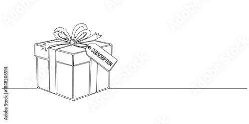 Continuous one line of a gift box with subscription label, representing subscription gift service, hand drawn vector illustration.