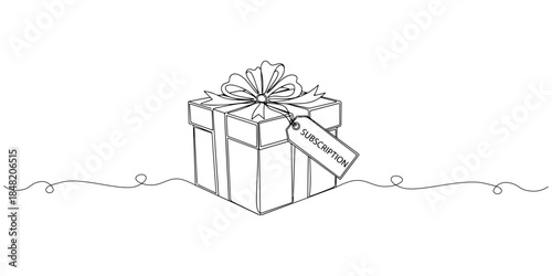 Continuous one line of a gift box with subscription label, representing subscription gift service, hand drawn vector illustration.