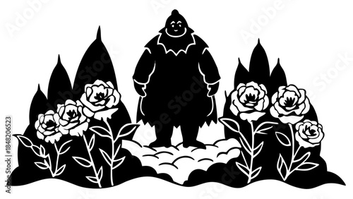 Storybook Silhouette of Sir John Falstaff Standing Mysteriously Amidst Icy Shards, Capturing a Wintery Fantasy Scene or Literary Character Illustration