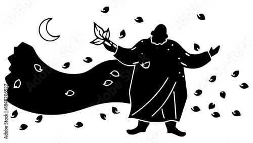 Dramatic Silhouette of Sir John Falstaff Wielding a Magical Spell, Evoking Classic Literature and Fantasy Theatre for Storybook Illustrations