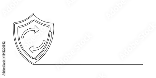 Continuous one line of a shield with circular arrows, representing secure subscription management, hand drawn vector illustration.