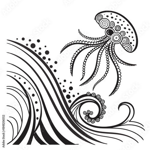 Black and White Illustration of a Jellyfish and Waves with Decorative Circles marine life ocean