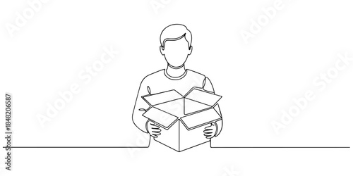 Continuous one line of a happy customer holding a box, representing customer satisfaction with the subscription service, hand drawn vector illustration.