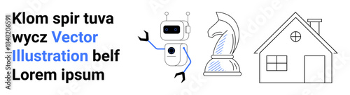 Technology, strategy, housing, AI innovation, creativity, digital concepts. Robot, chess knight house and placeholder text in a minimalist style. Technology and strategy concept