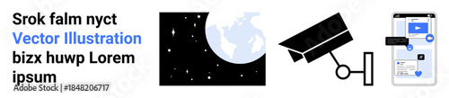 Surveillance, global communication, cybersecurity, digital monitoring, technology, privacy tools. Planet Earth, security camera and smartphone with facial recognition. Surveillance and global