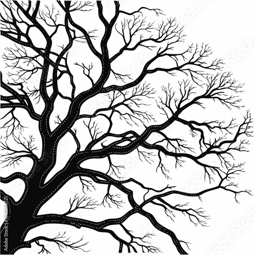 Black silhouette of a large bare tree with detailed branches and white dots Keywords: tree, bare tree, silhouette, branches, winter, nature