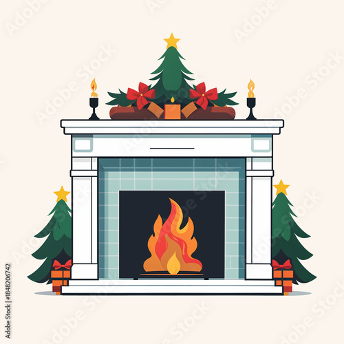 Christmas fireplace with fire illustration isolated on white