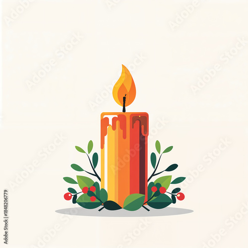 Christmas candle with holly decoration isolated on white