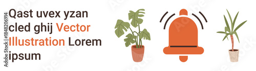 Home decor, plant care, notification design, minimalist art, interior styling, environment awareness. Three potted plants with a bell icon. Home decor and plant care inspiration
