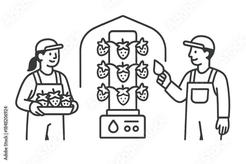 Farmers tending to vertical strawberry farm with a hydroponic system