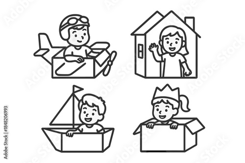 Children playing in imaginative cardboard box creations