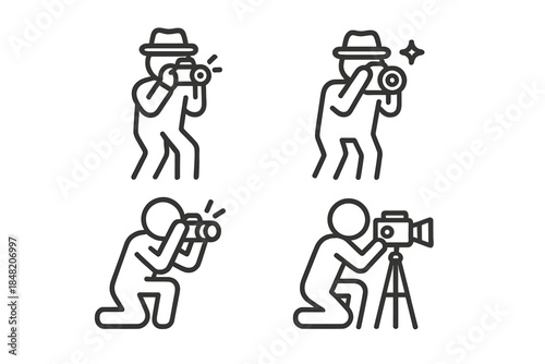 Set of four photographer icons in outline style on dark background
