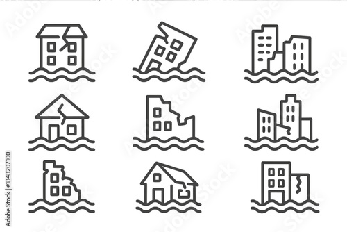 Flood Damaged Buildings Icon Set