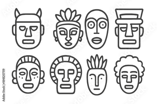 Collection of stylized tribal masks on dark background