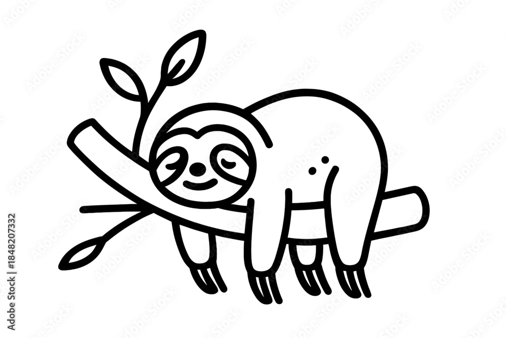 Fototapeta premium Cute Sloth Hanging on Tree Branch with Leaves