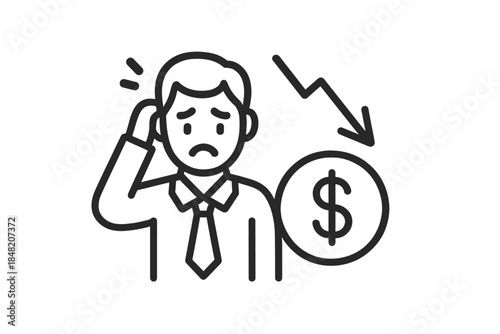 Worried businessman with falling dollar sign