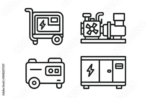 Four outline icons of different types of generators on a dark background