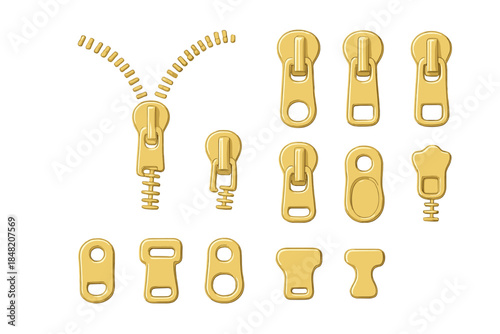 Gold Zipper Components Isolated on Black Background