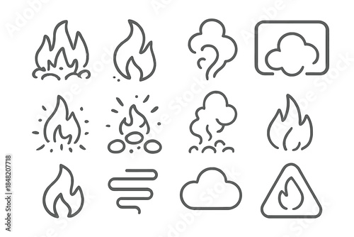 Set of stylized fire and smoke icons on a gray background