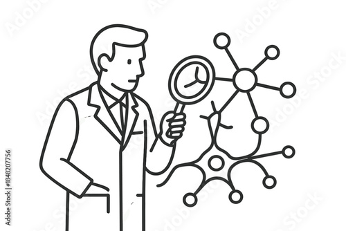 Scientist examining a neuron with a magnifying glass