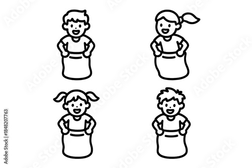 Four cartoon children participating in a sack race