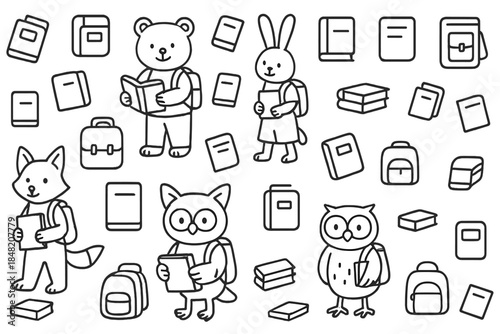 Cute cartoon animals reading books with backpacks