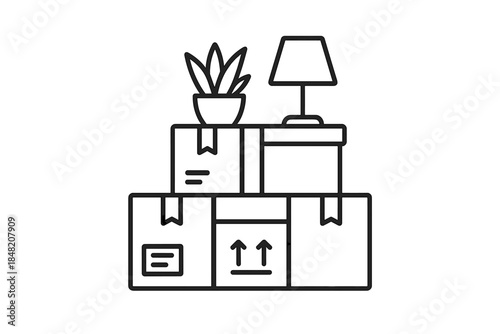 Moving boxes with plant and lamp icon