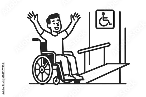 Happy person in wheelchair with arms raised in front of ramp