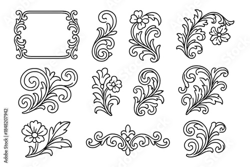 Ornate floral baroque ornamental elements collection