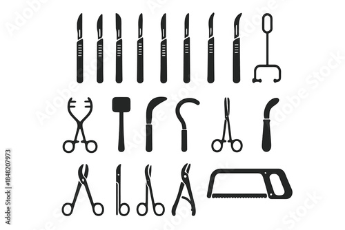 Collection of surgical instruments on a gray background