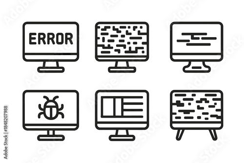 Computer screen icons with various glitch and error graphics