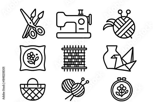 Set of nine icons representing various crafts and hobbies.