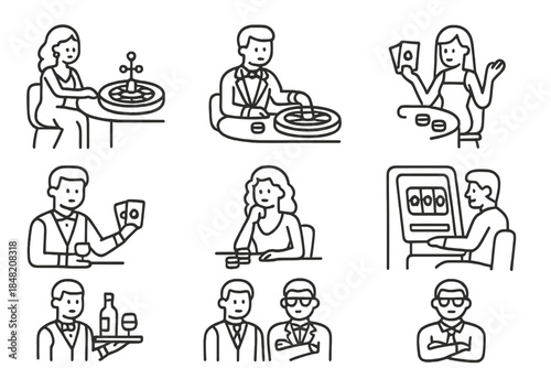 Casino Icons Outline Collection on Black Background