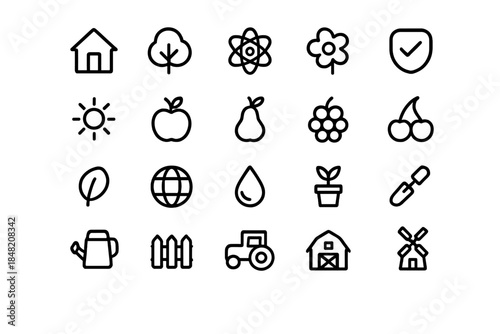 Set of thin line icons related to farming and nature